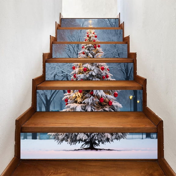Self-Adhesive Stair Decals, Christmas Decoration Stair Stickers Decals Peel and Stick Vinyl Stair Risers Stickers for Steps, Xmas Tree DIY Home Decorations, 39.4'' W X 7.1'' H