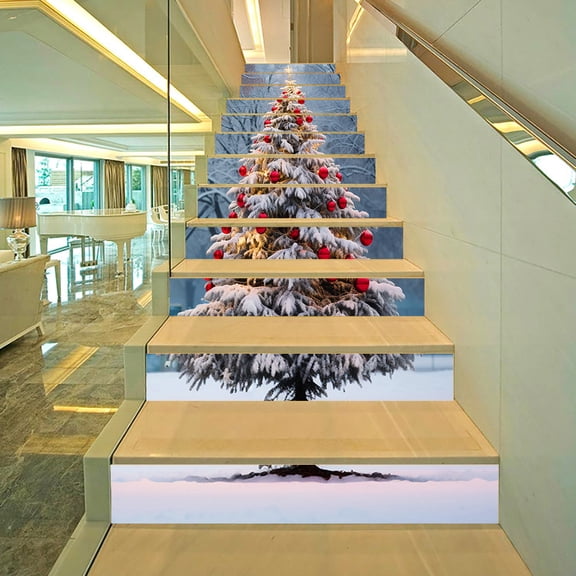 Self-Adhesive Stair Decals, Christmas Decoration Stair Stickers Decals Peel and Stick Vinyl Stair Risers Stickers for Steps, Xmas Tree DIY Home Decorations, 39.4'' W X 7.1'' H