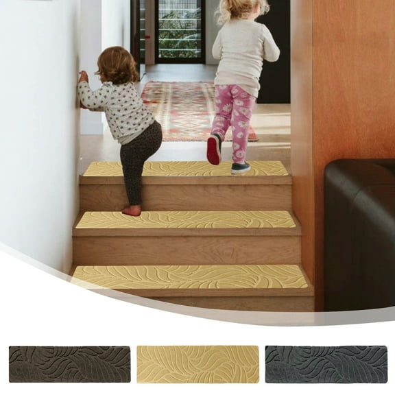 Self Adhesive Stair Mat, Non Slip Leaf Pattern Step Carpet, Glue Free Water Absorbent Quiet Tread Rug for Home Safety, Durable Protective Floor Mat for Wood Steps, Dark Gray