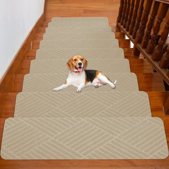 Self-Adhesive Stair Mats - Absorbent Non Slip Striped Staircase Carpet, Soft Brushed Acrylic Step Treads, Washable & Cuttable for Home Safety (30x8in, Beige)