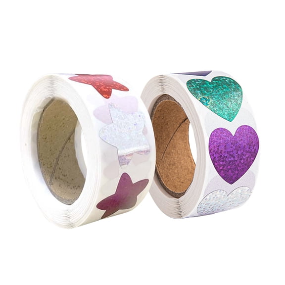 Self-Adhesive Sticker Roll, Paper Roll, Heart Shape, Glitter Heart Seals, Wedding Envelope, 0.9 Inch Diameter Vivid Multi-Colored Star and Heart Decals for Back to School Reward,