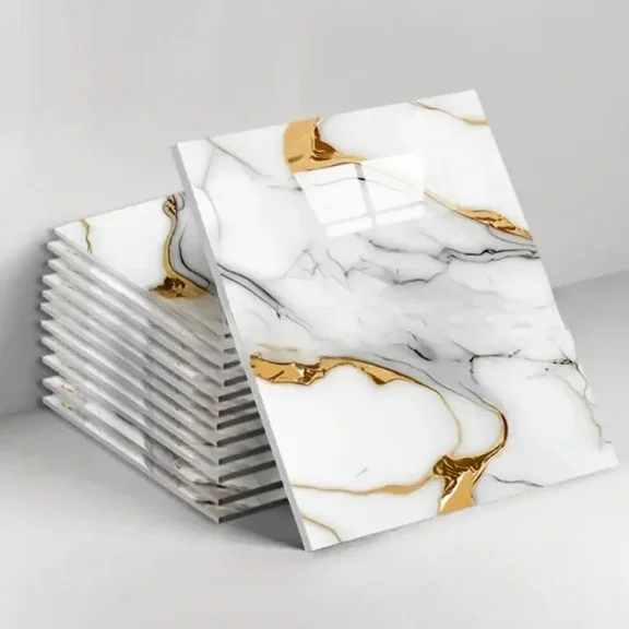 Self Adhesive Tile Stickers 10PCS, Waterproof 3D Ceramic Marble Effect Wall and Floor Decor for Home Use