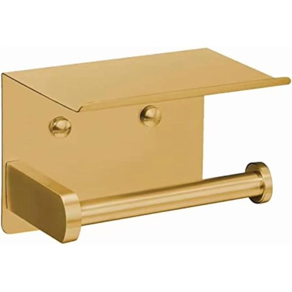 Self-Adhesive Toilet Paper Holder with Phone Holder, Stainless Steel Wall-Mounted Toilet Paper Roll Holder - Rustproof, Bathroom Washroom Toilet Paper Roll Holder with Storage Rack - Gold