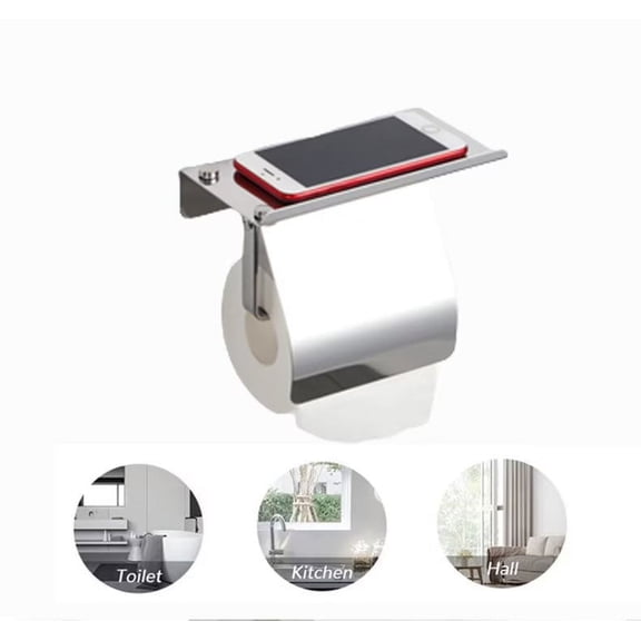 Self Adhesive Toilet Paper Holder with Phone Shelf 201 Stainless Steel Wall Mounted Toilet Paper Roll Holder - Rustproof and Bathroom Washroom Tissue Roll Holder with Storage Shelf