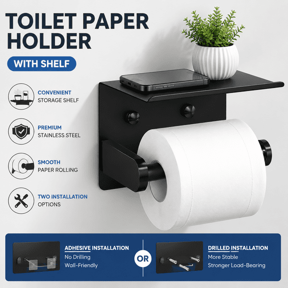PLERISE Self Adhesive Stainless Steel Toilet Paper Roll with Phone Shelf, Wall Mounted Rustproof Black for Bathroom Washroom