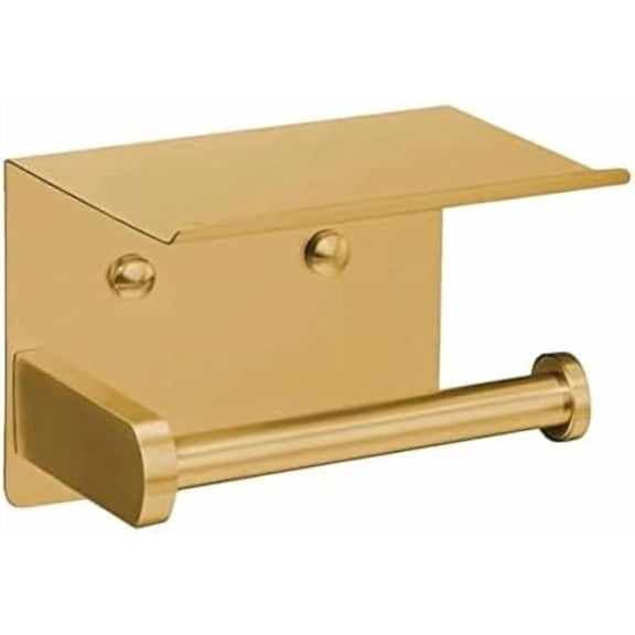 Self Adhesive Toilet Paper Holder with Phone Shelf Stainless Steel Wall Mounted Toilet Paper Roll Holder - Rustproof and Bathroom Washroom Tissue Roll Holder with Storage Shelf - Gold