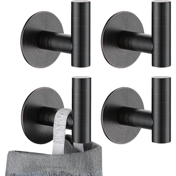 Self Adhesive Towel Hook Bronze, No Drill Stick on Coat Robe Clothes Wall Hook for Bathroom Kitchen Garage 4 Pack, 304 Stainless Steel Oil Rubbed Bronze, ATH110-ORB-P4