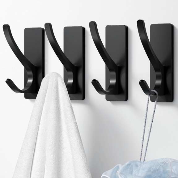 Self Adhesive Towel Hooks: Extra Strong 13LB, Stainless Hook for Hanging Loofah, Towels, Coat, Bath Robe Bathroom Shower, Black, 4 Pack