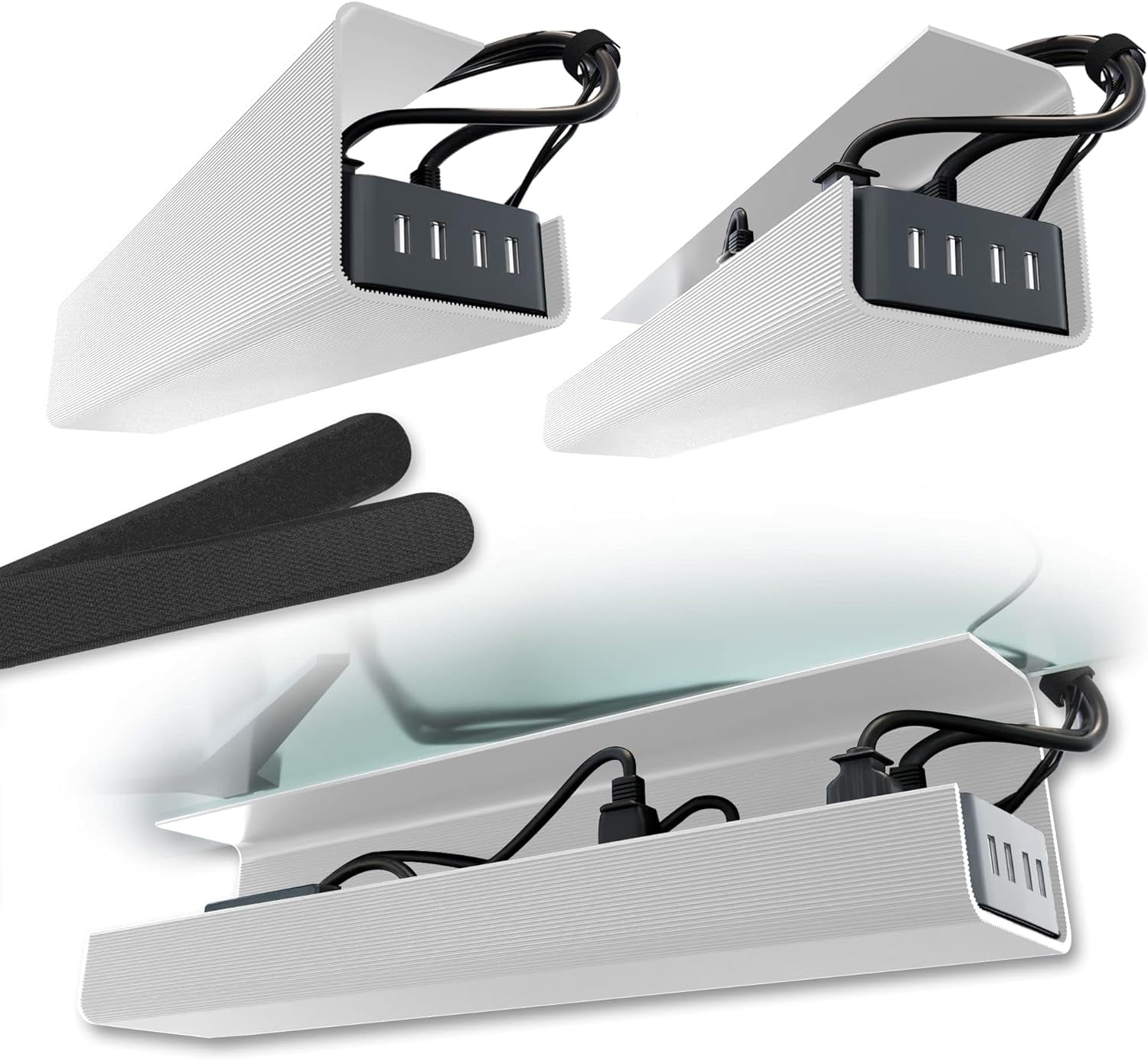 Self-Adhesive Under Desk Cable Management Tray Set - Cord Organizer, No Screws Needed, Black, 2-Pack