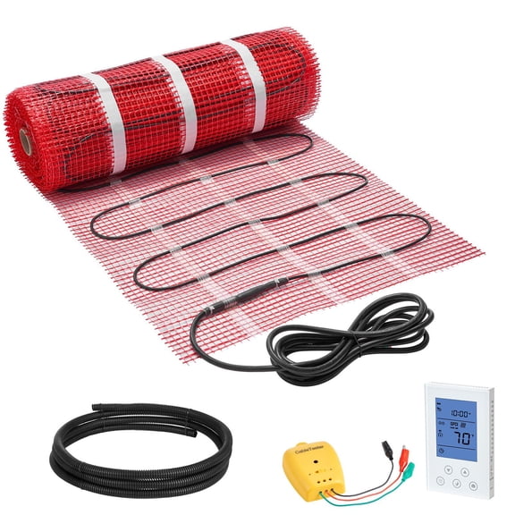 Self Adhesive Underfloor Heating Mat 50 Sq Ft, 120V Radiant Floor Heat Kit with Thermostat Alarm, Easy Install Tile Stone Vinyl