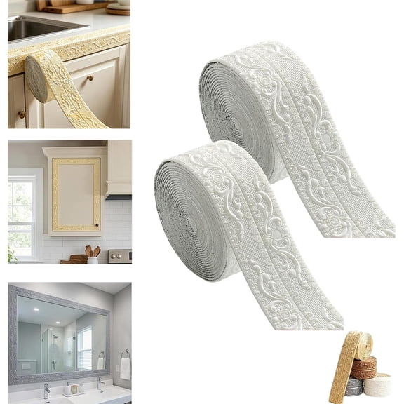 Self-Adhesive Vintage Decor Molding Trim, 3D Printing Peel and Stick Crown Molding, Self Adhesive Vintage 3D Printing Crown for Baseboard Wall Lines DIY Decor (White+White)