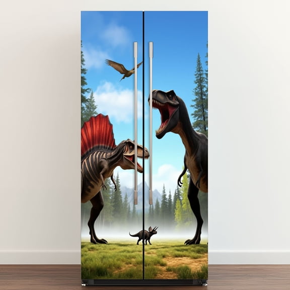 Self Adhesive Vinyl Refrigerator Wrap Set 3D Effect Dinosaurs City Spinosaurus Tyrannosaurus Rex Door Mural Removable Fridge Sticker Peel and Stick&nbsp;Full Door Cover Decal Kitchen Bar Decor