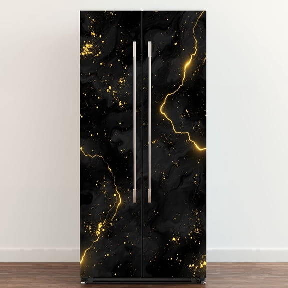 Self Adhesive Vinyl Refrigerator Wrap Set Abstract Black Gold Marble Glittering Accents Door Mural Removable Fridge Sticker Peel and Stick&nbsp;Full Door Cover Decal Kitchen Bar Decor