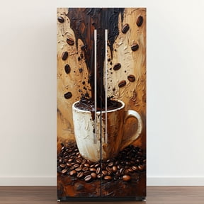 Self Adhesive Vinyl Refrigerator Wrap Set Abstract Coffee Cup Pouring Dark Liquid Coffee Beans Door Mural Removable Fridge Sticker Peel and Stick Full Door Cover Decal Kitchen Bar Decor