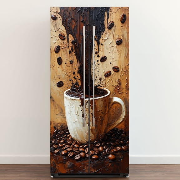 Self Adhesive Vinyl Refrigerator Wrap Set Abstract Coffee Cup Pouring Dark Liquid Coffee Beans Door Mural Removable Fridge Sticker Peel and Stick Full Door Cover Decal Kitchen Bar Decor