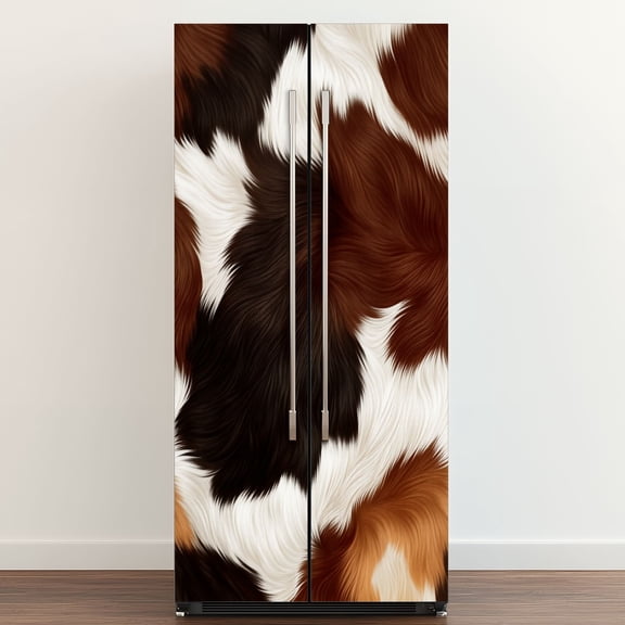 Self Adhesive Vinyl Refrigerator Wrap Set Abstract Cowhide Print Swirls Brown White Black Door Mural Removable Fridge Sticker Peel and Stick Full Door Cover Decal Kitchen Bar Decor