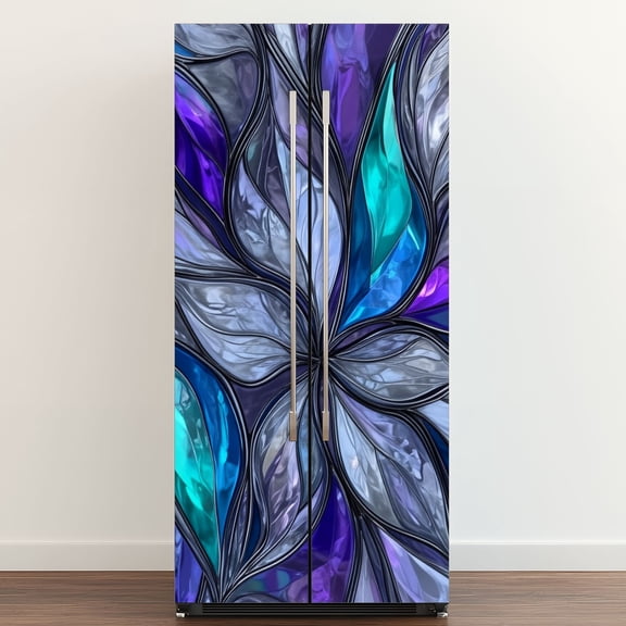 Self Adhesive Vinyl Refrigerator Wrap Set Abstract Elegance Teal Violet Door Mural Removable Fridge Sticker Peel and Stick&nbsp;Full Door Cover Decal Kitchen Bar Decor