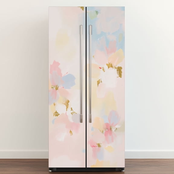 Self Adhesive Vinyl Refrigerator Wrap Set Abstract Floral Painting Soft Pastel Colors Brushstrokes Door Mural Removable Fridge Sticker Peel and Stick Full Door Cover Decal Kitchen Bar Decor
