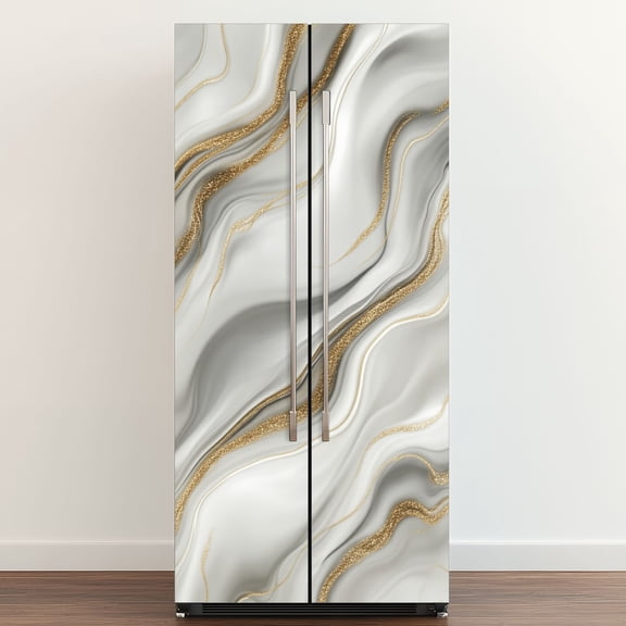 Self Adhesive Vinyl Refrigerator Wrap Set Abstract Gold Grey Marble Flowing Lines Glimmering Door Mural Removable Fridge Sticker Peel and Stick&nbsp;Full Door Cover Decal Kitchen Bar Decor