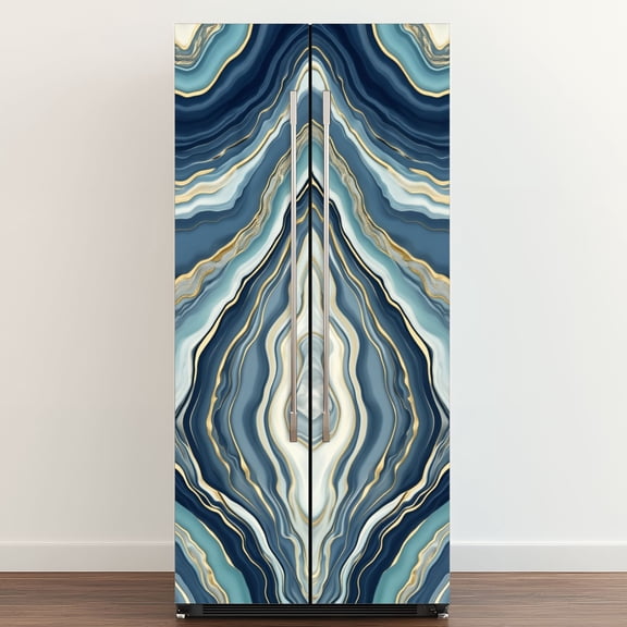 Self Adhesive Vinyl Refrigerator Wrap Set Abstract Marble Gold Blue Stripes Door Mural Removable Fridge Sticker Peel and Stick&nbsp;Full Door Cover Decal Kitchen Bar Decor