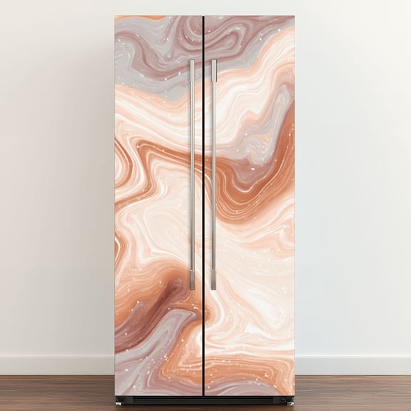 Self Adhesive Vinyl Refrigerator Wrap Set Abstract Marble Swirl Soft Peach Cream Tones Fluid Art Door Mural Removable Fridge Sticker Peel and Stick Full Door Cover Decal Kitchen Bar Decor