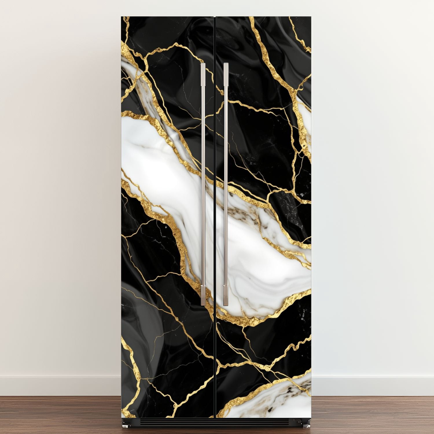 Self Adhesive Vinyl Refrigerator Wrap Set Abstract Marbling Black White Marble Golden Veins Marble Door Mural Removable Fridge Sticker Peel and Stick&nbsp;Full Door Cover Decal Kitchen Bar Decor
