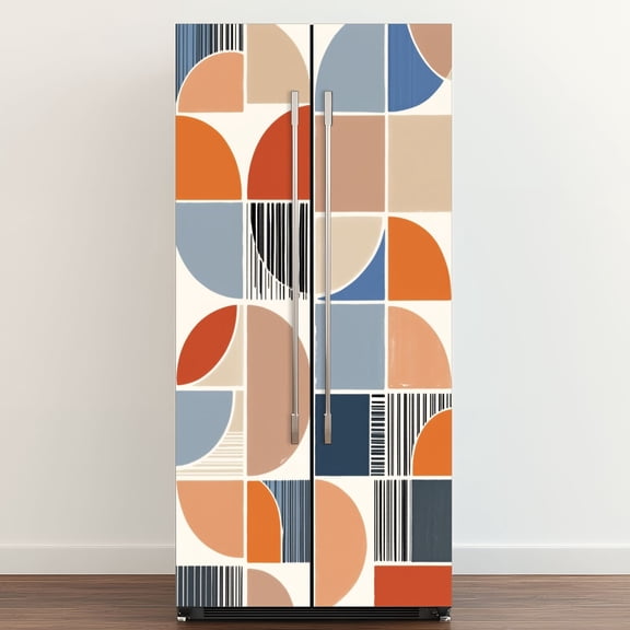 Self Adhesive Vinyl Refrigerator Wrap Set Abstract Mid Century Modern Geometric Warm Cool Tones Door Mural Removable Fridge Sticker Peel and Stick Full Door Cover Decal Kitchen Bar Decor