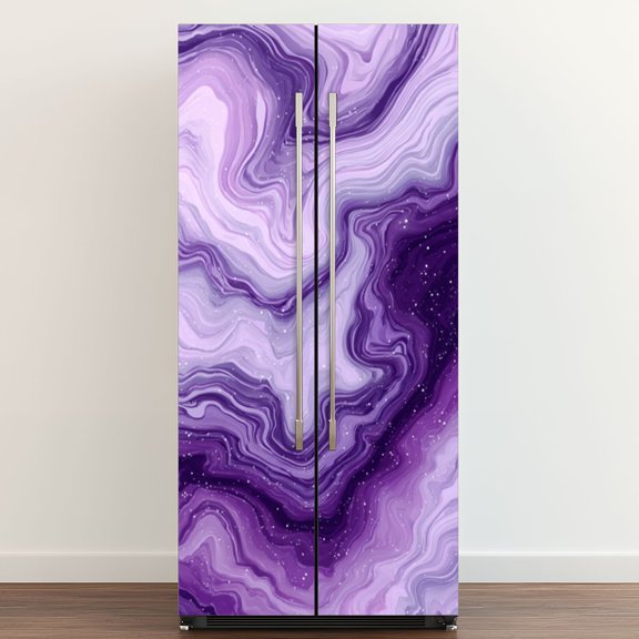 Self Adhesive Vinyl Refrigerator Wrap Set Abstract Purple Marble Fluid Swirls Gradient Layers Door Mural Removable Fridge Sticker Peel and Stick Full Door Cover Decal Kitchen Bar Decor
