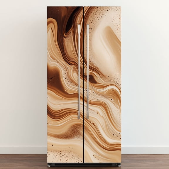 Self Adhesive Vinyl Refrigerator Wrap Set Abstract Swirling Brown Cream Waves Fluid Motion Organic Door Mural Removable Fridge Sticker Peel and Stick Full Door Cover Decal Kitchen Bar Decor