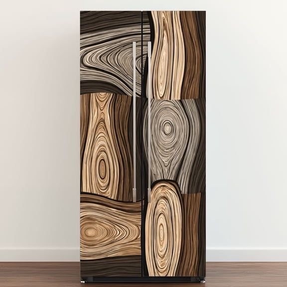 Self Adhesive Vinyl Refrigerator Wrap Set Abstract Wood Grain Flowing Natural Lines Warm Brown Tones Door Mural Removable Fridge Sticker Peel and Stick Full Door Cover Decal Kitchen Bar Decor