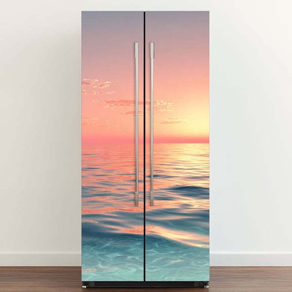 Self Adhesive Vinyl Refrigerator Wrap Set Abstract sunrise sky ocean nature Door Mural Removable Fridge Sticker Peel and Stick Full Door Cover Decal Kitchen Bar Decor