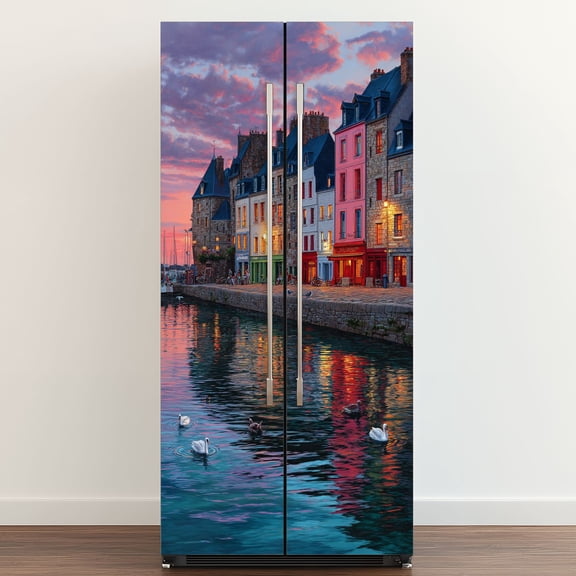 Self Adhesive Vinyl Refrigerator Wrap Set Across Galway Harbour Ireland Door Mural Removable Fridge Sticker Peel and Stick&nbsp;Full Door Cover Decal Kitchen Bar Decor