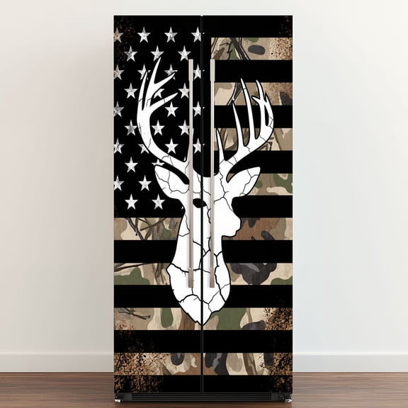 Self Adhesive Vinyl Refrigerator Wrap Set American Flag Hunting Western Black White Country Deer Door Mural Removable Fridge Sticker Peel and Stick Full Door Cover Decal Kitchen Bar Decor