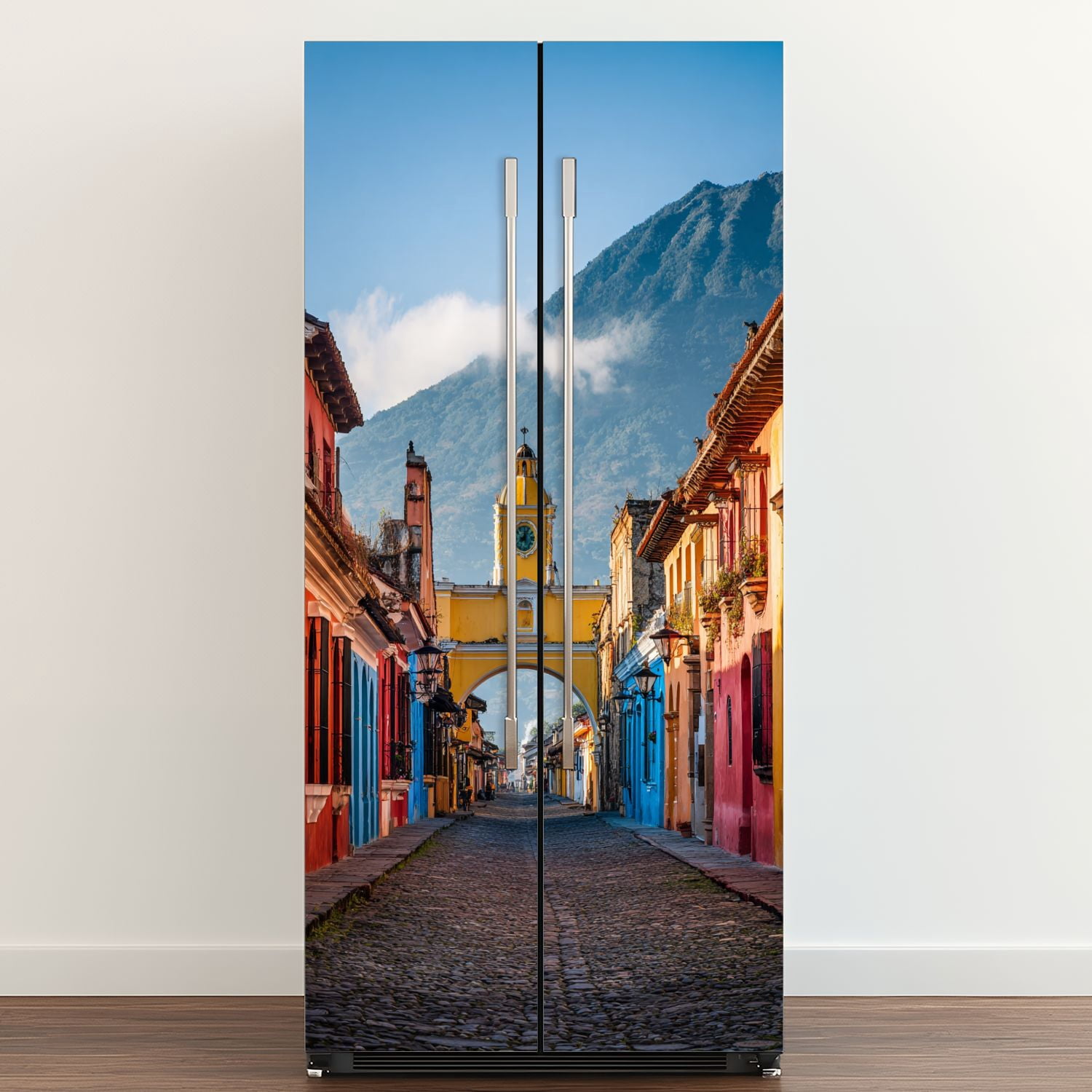 Self Adhesive Vinyl Refrigerator Wrap Set Antigua City Sunrise Door Mural Removable Fridge Sticker Peel and Stick&nbsp;Full Door Cover Decal Kitchen Bar Decor