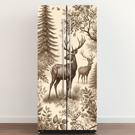 Self Adhesive Vinyl Refrigerator Wrap Set Antlered Deer Forest Pine Trees Botanical Illustrations Door Mural Removable Fridge Sticker Peel and Stick&nbsp;Full Door Cover Decal Kitchen Bar Decor