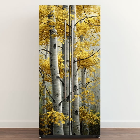 Self Adhesive Vinyl Refrigerator Wrap Set Aspen Tree Autumn Door Mural Removable Fridge Sticker Peel and Stick Full Door Cover Decal Kitchen Bar Decor