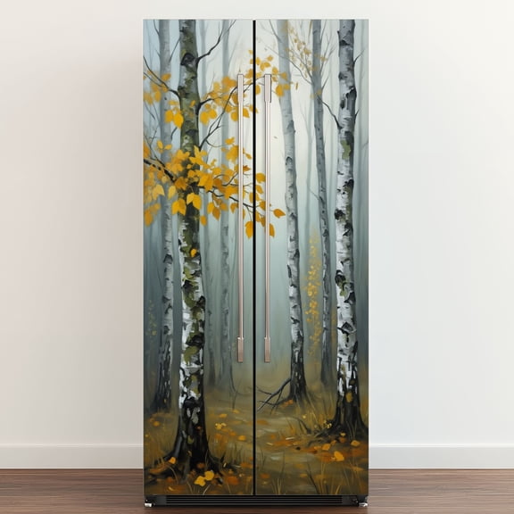 Self Adhesive Vinyl Refrigerator Wrap Set Aspen Tree Modern Abstract Forest Landscape Birch Trees Door Mural Removable Fridge Sticker Peel and Stick Full Door Cover Decal Kitchen Bar Decor