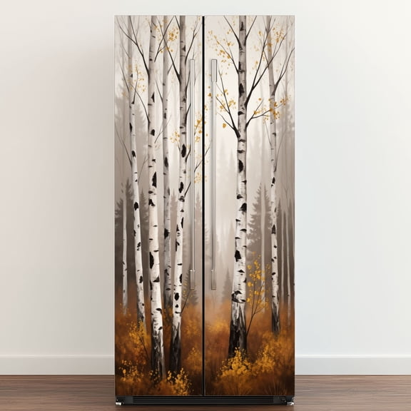 Self Adhesive Vinyl Refrigerator Wrap Set Aspen Tree Modern Abstract Forest Landscape Birch Trees Door Mural Removable Fridge Sticker Peel and Stick Full Door Cover Decal Kitchen Bar Decor