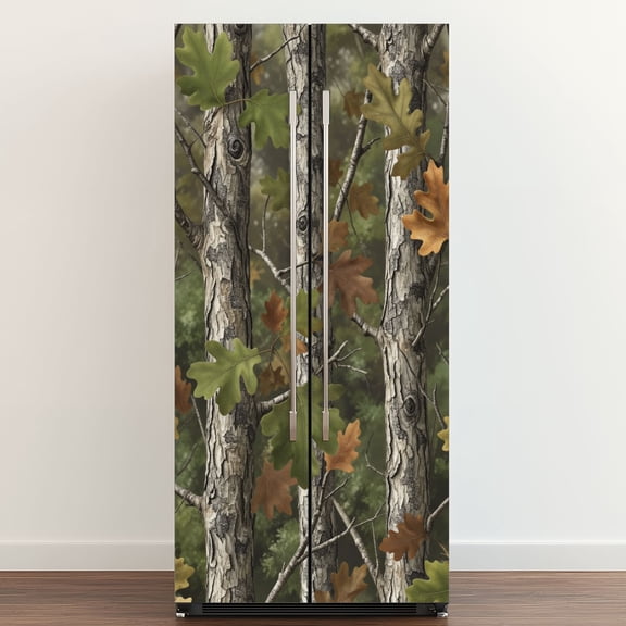 Self Adhesive Vinyl Refrigerator Wrap Set Autumn Forest Camouflage Oak Leaves Tree Branches Door Mural Removable Fridge Sticker Peel and Stick&nbsp;Full Door Cover Decal Kitchen Bar Decor