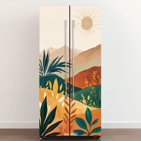 Self Adhesive Vinyl Refrigerator Wrap Set Autumn Hillside Landscape Leaves Mountains Sunlight Door Mural Removable Fridge Sticker Peel and Stick Full Door Cover Decal Kitchen Bar Decor