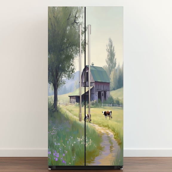 Self Adhesive Vinyl Refrigerator Wrap Set Barn Farmhouse Rustic Landscape Painting Cow Textured Door Mural Removable Fridge Sticker Peel and Stick Full Door Cover Decal Kitchen Bar Decor