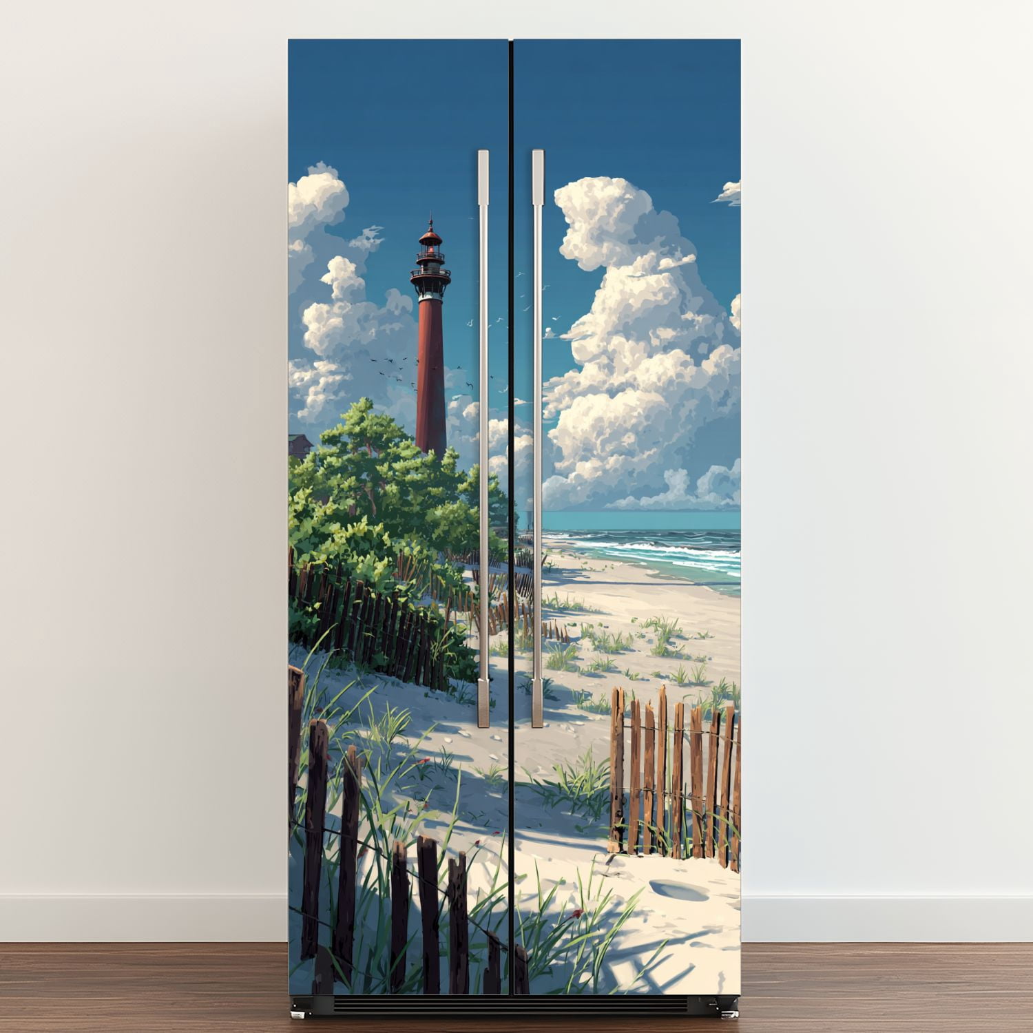 Self Adhesive Vinyl Refrigerator Wrap Set Barnegat Lighthouse sand beach fence New Jersey Door Mural Removable Fridge Sticker Peel and Stick&nbsp;Full Door Cover Decal Kitchen Bar Decor