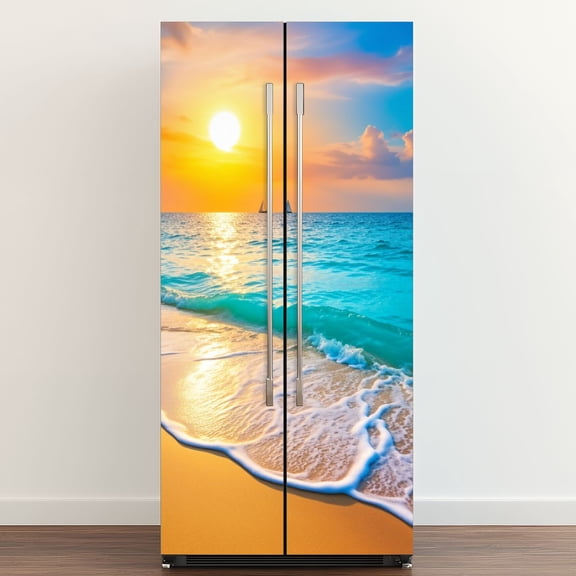 Self Adhesive Vinyl Refrigerator Wrap Set Beach Sea Nature Landscape Waves Sunset Sky Ocean Door Mural Removable Fridge Sticker Peel and Stick&nbsp;Full Door Cover Decal Kitchen Bar Decor