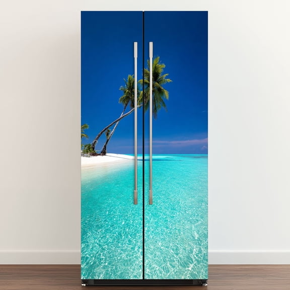 Self Adhesive Vinyl Refrigerator Wrap Set Beach tropical island palm trees overhanging lagoon Door Mural Removable Fridge Sticker Peel and Stick&nbsp;Full Door Cover Decal Kitchen Bar Decor