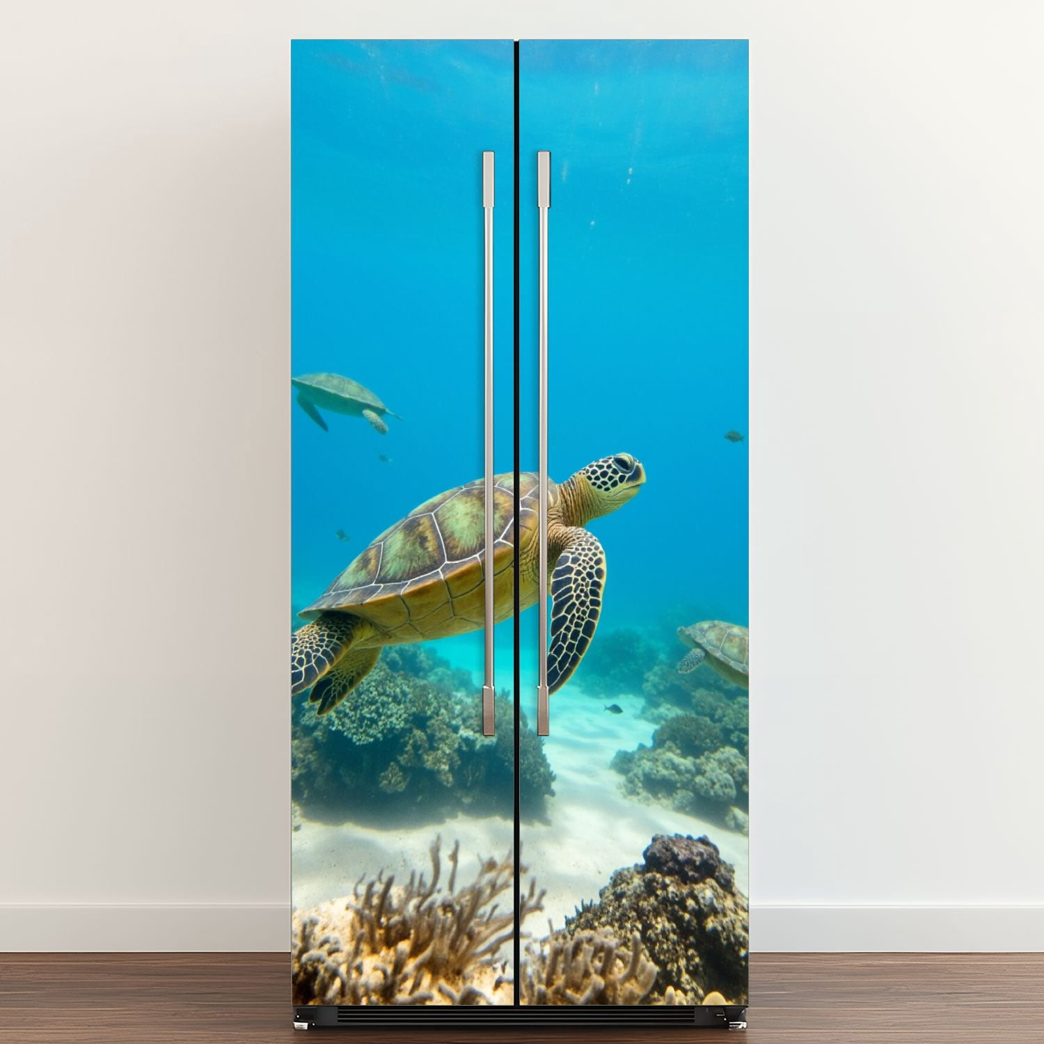 Self Adhesive Vinyl Refrigerator Wrap Set Beautiful Hawaiian Green Sea Turtle Door Mural Removable Fridge Sticker Peel and Stick&nbsp;Full Door Cover Decal Kitchen Bar Decor