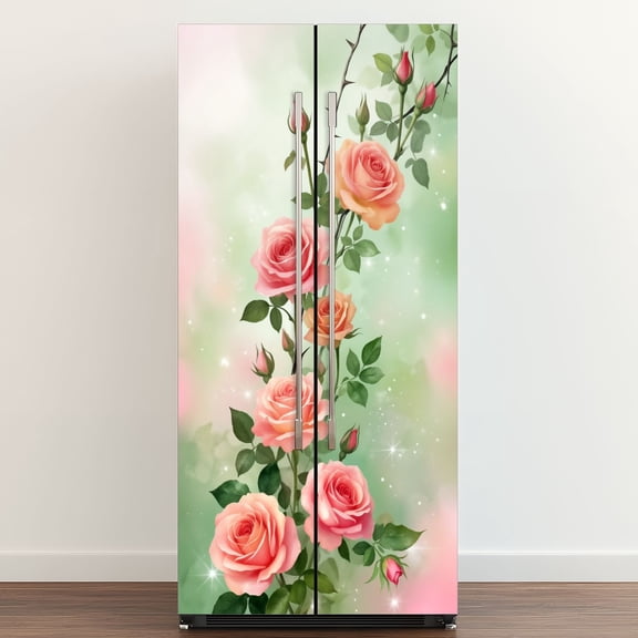Self Adhesive Vinyl Refrigerator Wrap Set Beautiful Pink Roses Green Sparkling vintage botanical Door Mural Removable Fridge Sticker Peel and Stick Full Door Cover Decal Kitchen Bar Decor