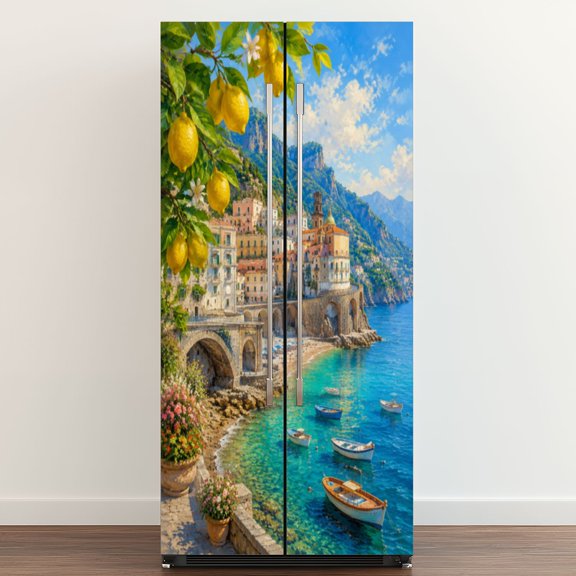 Self Adhesive Vinyl Refrigerator Wrap Set Beautiful view Mediterranean coast lemons foreground Italy Door Mural Removable Fridge Sticker Peel and Stick Full Door Cover Decal Kitchen Bar Decor