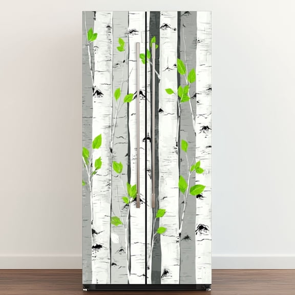 Self Adhesive Vinyl Refrigerator Wrap Set Birch Tree Forest White Bark Gray Trunks Fresh Green Leaves Door Mural Removable Fridge Sticker Peel and Stick Full Door Cover Decal Kitchen Bar Decor