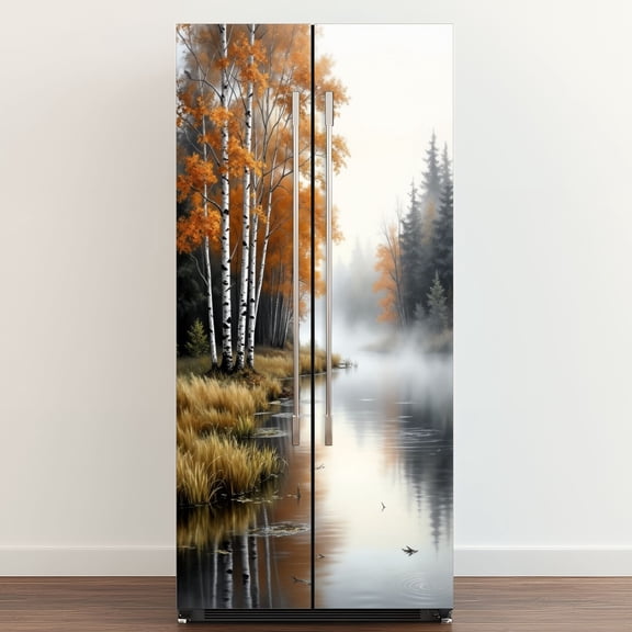 Self Adhesive Vinyl Refrigerator Wrap Set Birch Trees Abstract Forest Branches Landscape Colorful Door Mural Removable Fridge Sticker Peel and Stick Full Door Cover Decal Kitchen Bar Decor