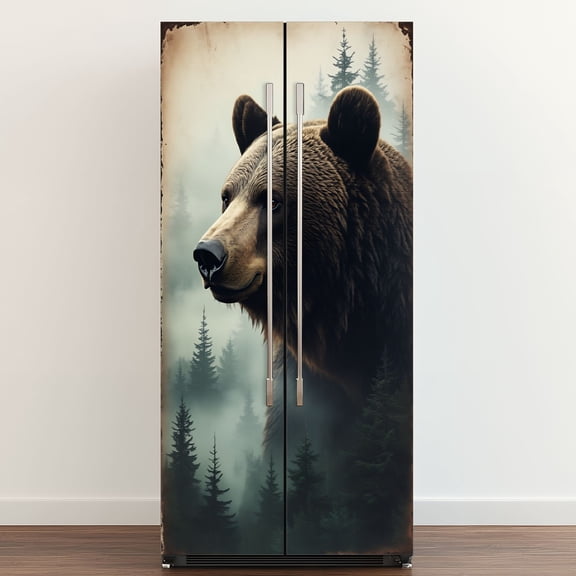 Self Adhesive Vinyl Refrigerator Wrap Set Black Bear Exposure Rustic Grizzly Animal Pine Tree Large Door Mural Removable Fridge Sticker Peel and Stick&nbsp;Full Door Cover Decal Kitchen Bar Decor